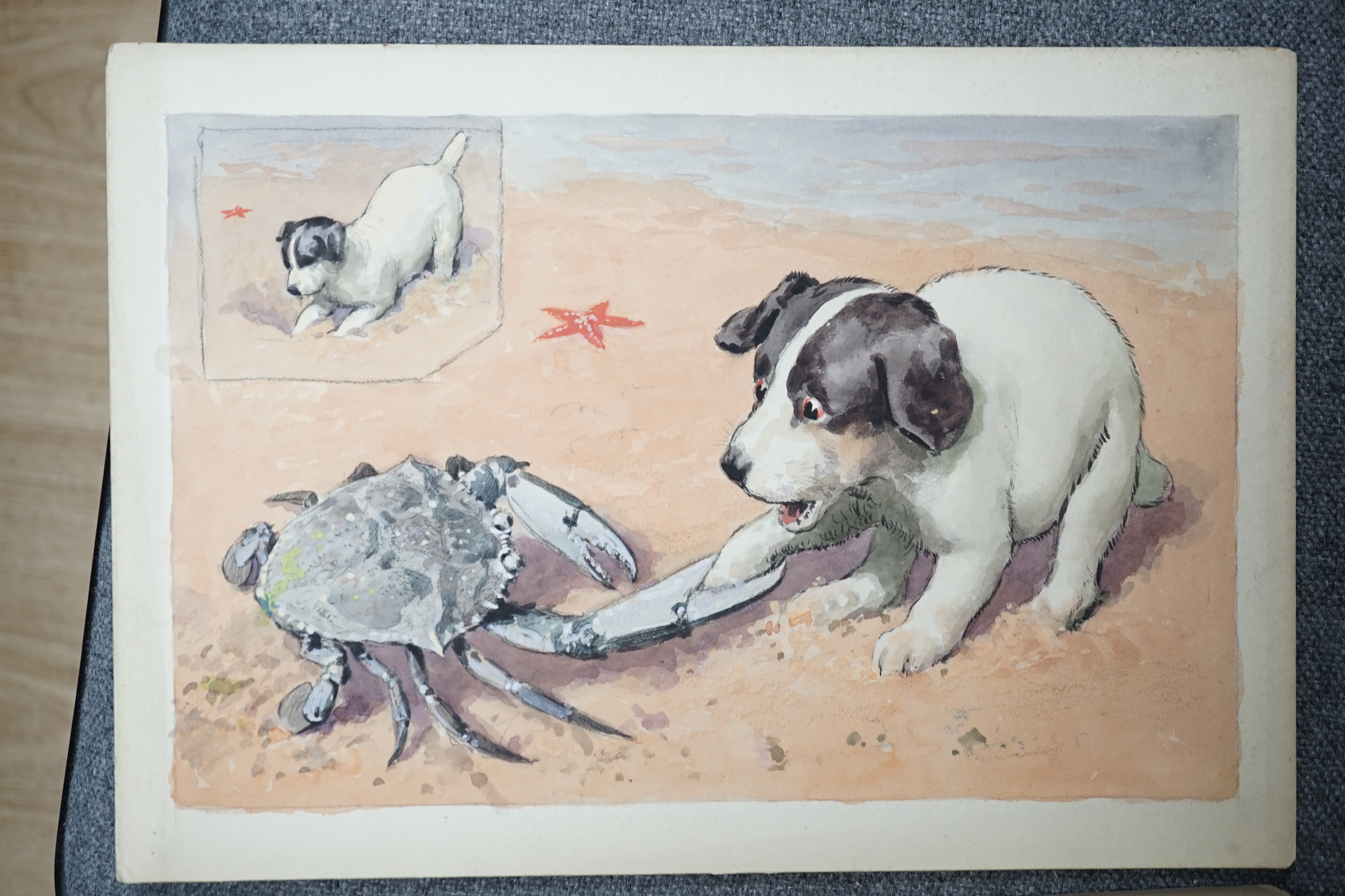 Charles Thomas Howard (1865-1942), set of six original watercolours for postcard designs, humorous dogs, unframed, 22 x 32cm. Condition- fair to good